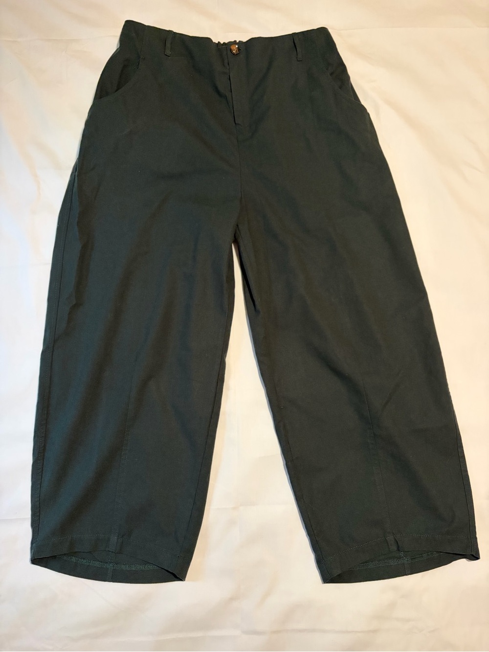 Linen blend barrel leg pants Dark Green high rise cropped